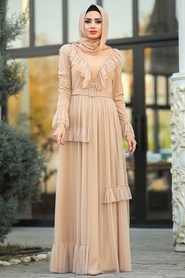 Tesettürlü Abiye Elbise - Fırfır Detaylı Gold Tesettür Abiye Elbise 2134GOLD - Thumbnail