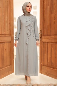 Tesettürlü Abiye Elbise - Fırfır Detaylı Gri Tesettür Abiye Elbise 12951GR - Thumbnail