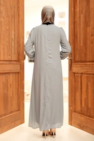 Tesettürlü Abiye Elbise - Fırfır Detaylı Gri Tesettür Abiye Elbise 12951GR - Thumbnail