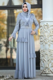 Tesettürlü Abiye Elbise - Fırfır Detaylı Gri Tesettür Abiye Elbise 2134GR - Thumbnail
