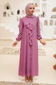 Tesettürlü Abiye Elbise - Fırfır Detaylı Gül Kurusu Tesettür Abiye Elbise 12951GK - Thumbnail