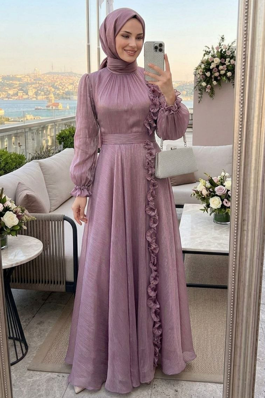 Tesettürlü Abiye Elbise - Fırfır Detaylı Gül Kurusu Tesettür Abiye Elbise 45881GK
