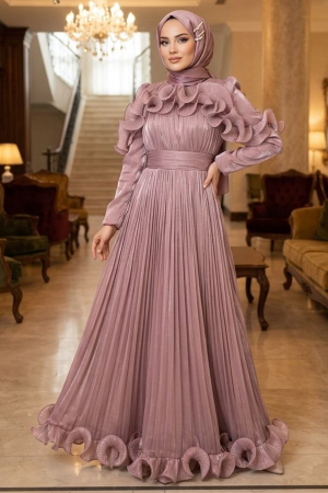 Tesettürlü Abiye Elbise - Fırfır Detaylı Gül Kurusu Tesettür Abiye Elbise 55691GK 