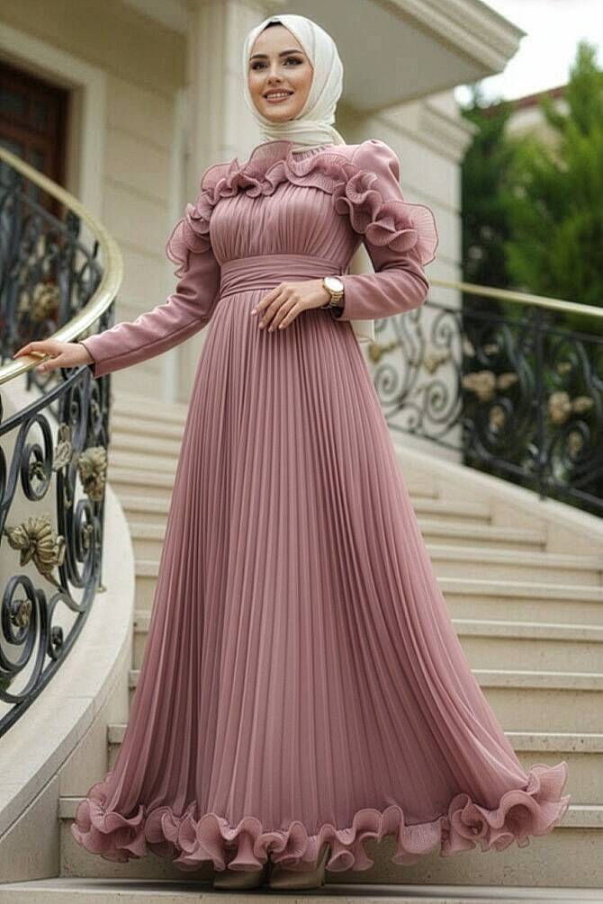 Tesettürlü Abiye Elbise - Fırfır Detaylı Gül Kurusu Tesettür Abiye Elbise 55691GK - N.S NEVA STYLE