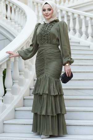Tesettürlü Abiye Elbise - Fırfır Detaylı Haki Tesettür Abiye Elbise 50271HK - 1