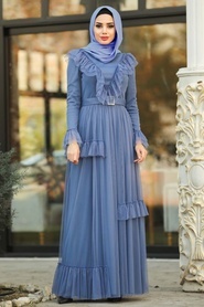 Tesettürlü Abiye Elbise - Fırfır Detaylı İndigo Mavisi Tesettür Abiye Elbise 2134IM - Thumbnail