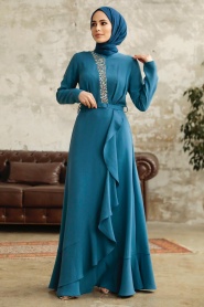 Tesettürlü Abiye Elbise - Fırfır Detaylı İndigo Mavisi Tesettür Abiye Elbise 37320IM - Thumbnail