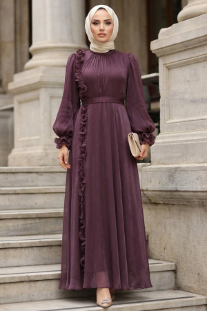 Tesettürlü Abiye Elbise - Fırfır Detaylı Kahverengi Tesettür Abiye Elbise 45881KH - N.S NEVA STYLE