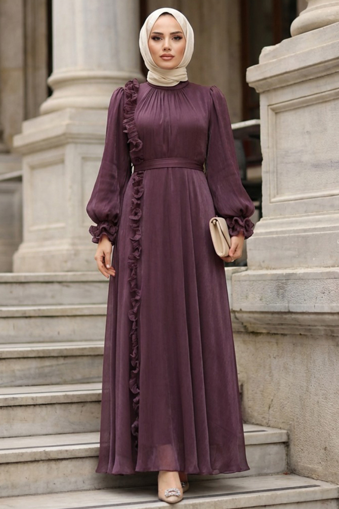 Tesettürlü Abiye Elbise - Fırfır Detaylı Kahverengi Tesettür Abiye Elbise 45881KH - 1