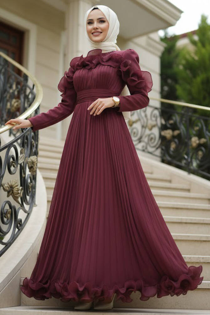 Tesettürlü Abiye Elbise - Fırfır Detaylı Koyu Gül Kurusu Tesettür Abiye Elbise 55691KGK - 1