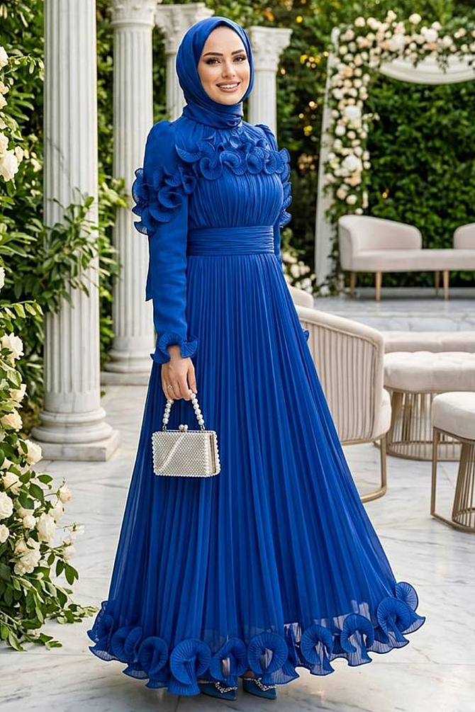 Tesettürlü Abiye Elbise - Fırfır Detaylı Koyu İndigo Mavisi Tesettür Abiye Elbise 55691KIM - 1