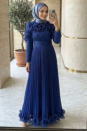 Tesettürlü Abiye Elbise - Fırfır Detaylı Koyu İndigo Mavisi Tesettür Abiye Elbise 55691KIM 