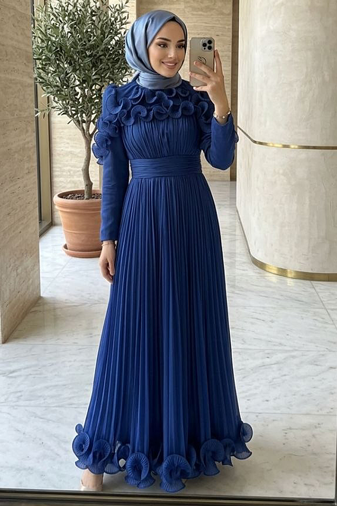Tesettürlü Abiye Elbise - Fırfır Detaylı Koyu İndigo Mavisi Tesettür Abiye Elbise 55691KIM - 1