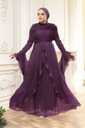 Tesettürlü Abiye Elbise - Fırfır Detaylı Koyu Mor Tesettür Abiye Elbise 53981KMOR - 2