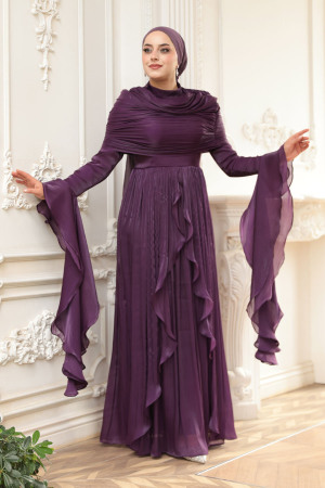 Tesettürlü Abiye Elbise - Fırfır Detaylı Koyu Mor Tesettür Abiye Elbise 53981KMOR - 3