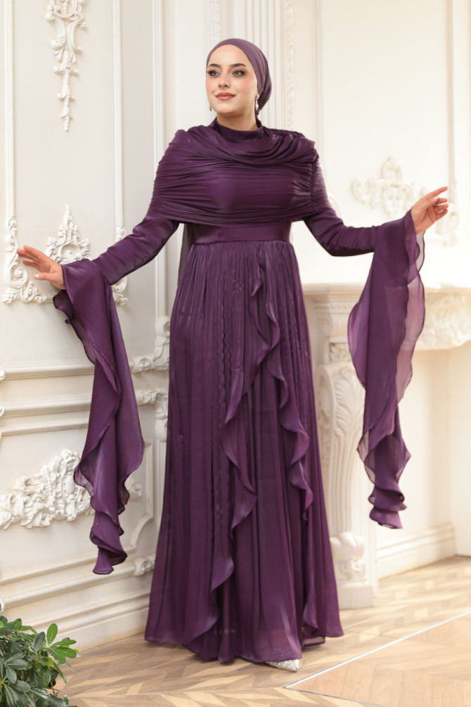 Tesettürlü Abiye Elbise - Fırfır Detaylı Koyu Mor Tesettür Abiye Elbise 53981KMOR - 3