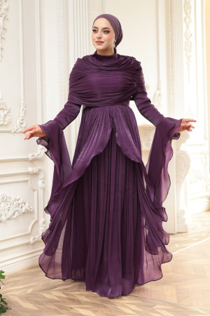 Tesettürlü Abiye Elbise - Fırfır Detaylı Koyu Mor Tesettür Abiye Elbise 53981KMOR - 4