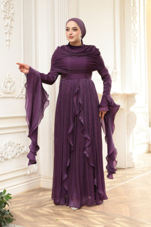 Tesettürlü Abiye Elbise - Fırfır Detaylı Koyu Mor Tesettür Abiye Elbise 53981KMOR - 1