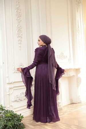 Tesettürlü Abiye Elbise - Fırfır Detaylı Koyu Mor Tesettür Abiye Elbise 53981KMOR - 5