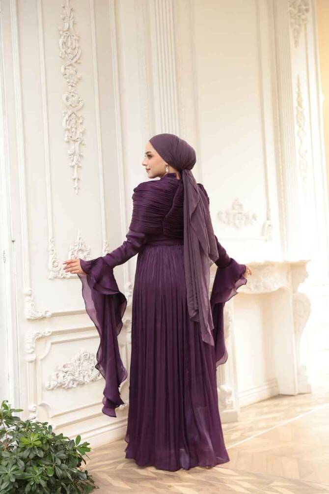 Tesettürlü Abiye Elbise - Fırfır Detaylı Koyu Mor Tesettür Abiye Elbise 53981KMOR - 5