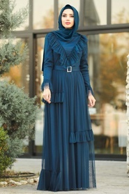 Tesettürlü Abiye Elbise - Fırfır Detaylı Lacivert Tesettür Abiye Elbise 2134L - Thumbnail