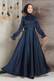 Tesettürlü Abiye Elbise - Fırfır Detaylı Lacivert Tesettür Abiye Elbise 2752L - Thumbnail
