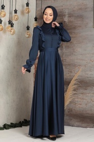 Tesettürlü Abiye Elbise - Fırfır Detaylı Lacivert Tesettür Abiye Elbise 2752L - Thumbnail