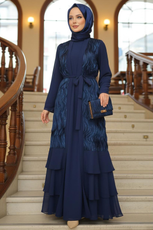 Tesettürlü Abiye Elbise - Fırfır Detaylı Lacivert Tesettür Abiye Elbise 48161L 