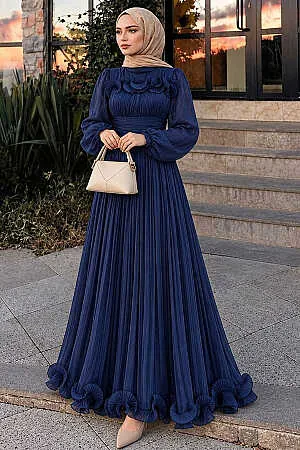 Robe de soirée longue et couvrante à volants – Bleu marine 48231L - N.S NEVA STYLE