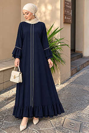 Robe de soirée longue et couvrante à volants – Bleu marine 4866L 
