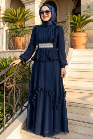 Tesettürlü Abiye Elbise - Fırfır Detaylı Lacivert Tesettür Abiye Elbise 4881L 