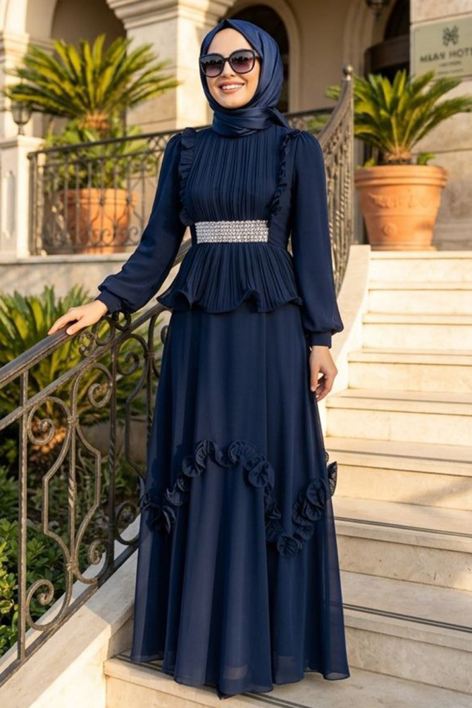 Tesettürlü Abiye Elbise - Fırfır Detaylı Lacivert Tesettür Abiye Elbise 4881L - 1