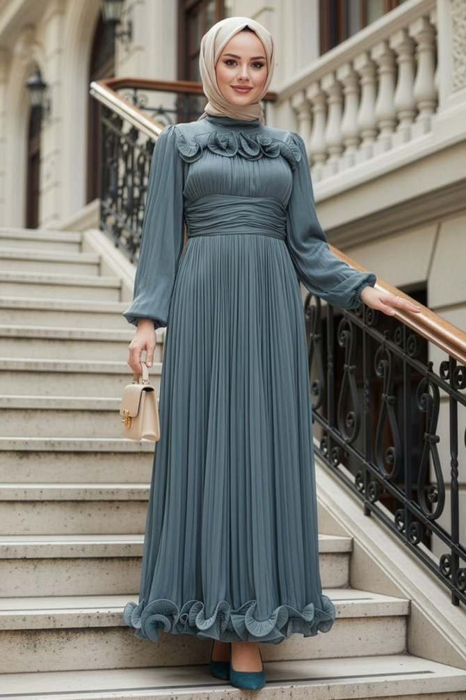 Tesettürlü Abiye Elbise - Fırfır Detaylı Mint Tesettür Abiye Elbise 48231MINT - 1