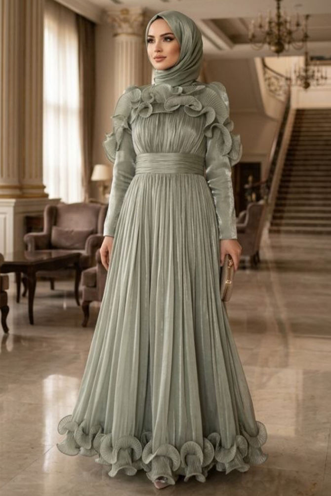 Tesettürlü Abiye Elbise - Fırfır Detaylı Mint Tesettür Abiye Elbise 55691MINT - 1