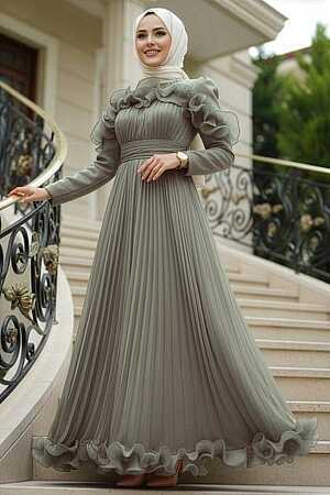 Tesettürlü Abiye Elbise - Fırfır Detaylı Mint Tesettür Abiye Elbise 55691MINT 