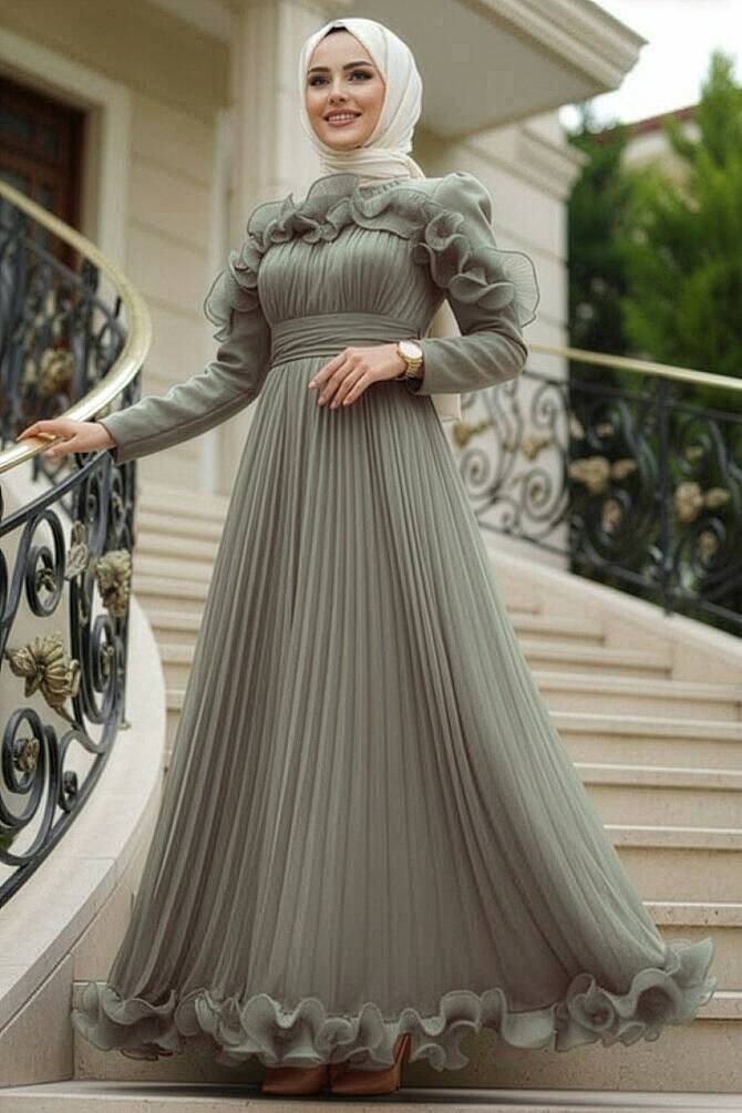 Tesettürlü Abiye Elbise - Fırfır Detaylı Mint Tesettür Abiye Elbise 55691MINT - N.S NEVA STYLE