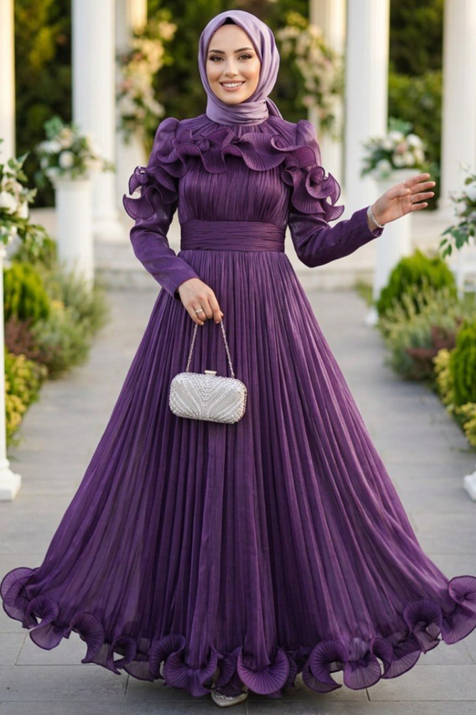 Tesettürlü Abiye Elbise - Fırfır Detaylı Mor Tesettür Abiye Elbise 55691MOR - 1