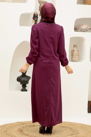 Tesettürlü Abiye Elbise - Fırfır Detaylı Mürdüm Tesettür Abiye Elbise 12951MU - Thumbnail