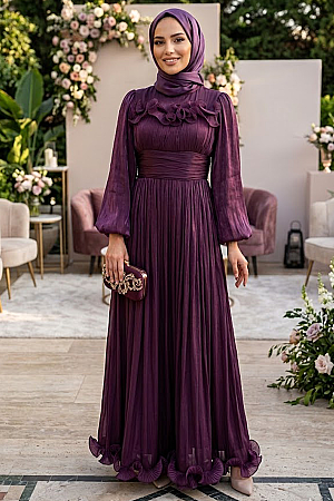 Tesettürlü Abiye Elbise - Fırfır Detaylı Mürdüm Tesettür Abiye Elbise 48231MU 