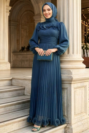 Tesettürlü Abiye Elbise - Fırfır Detaylı Petrol Yeşili Tesettür Abiye Elbise 48231PY 