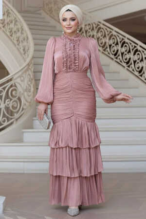 Tesettürlü Abiye Elbise - Fırfır Detaylı Pudra Tesettür Abiye Elbise 50271PD - 1