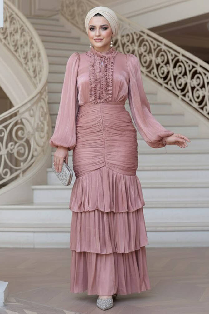 Tesettürlü Abiye Elbise - Fırfır Detaylı Pudra Tesettür Abiye Elbise 50271PD - 1