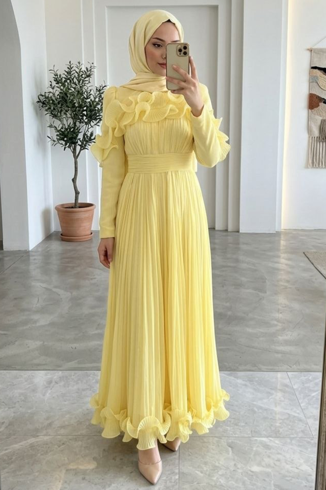 Tesettürlü Abiye Elbise - Fırfır Detaylı Sarı Tesettür Abiye Elbise 55691SR - 1