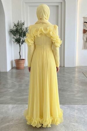 Tesettürlü Abiye Elbise - Fırfır Detaylı Sarı Tesettür Abiye Elbise 55691SR - 2