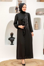 Tesettürlü Abiye Elbise - Fırfır Detaylı Siyah Tesettür Abiye Elbise 12951S - Thumbnail