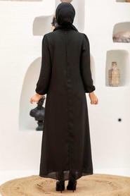 Tesettürlü Abiye Elbise - Fırfır Detaylı Siyah Tesettür Abiye Elbise 12951S - Thumbnail