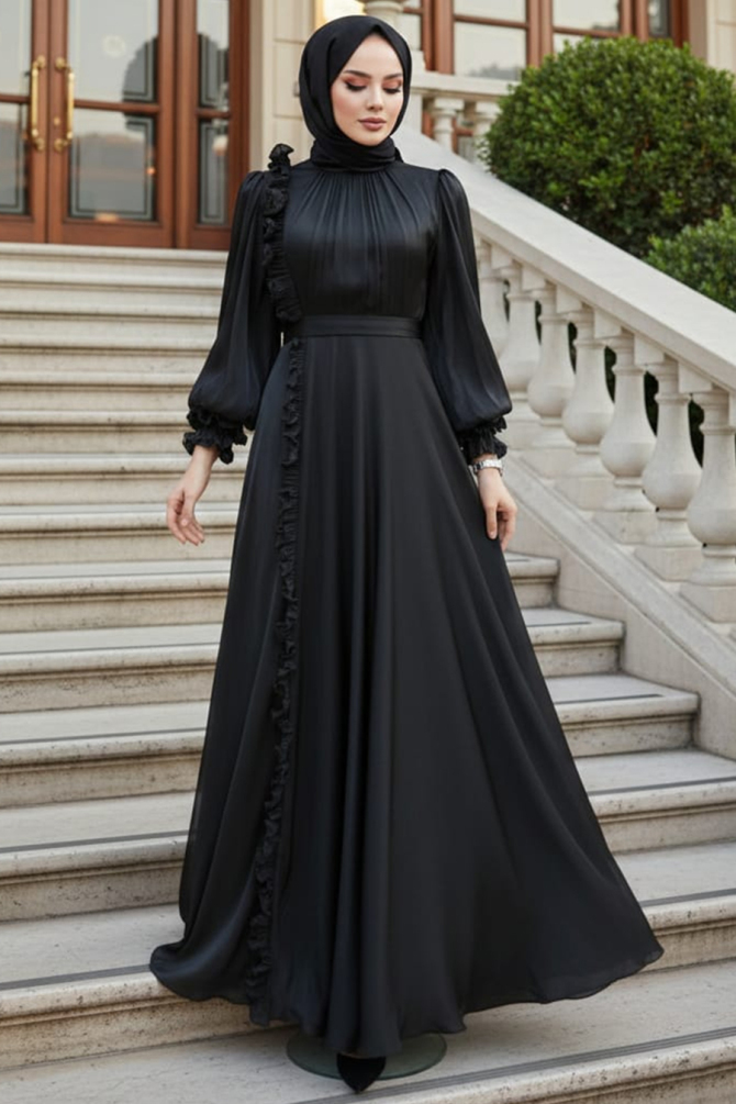 Tesettürlü Abiye Elbise - Fırfır Detaylı Siyah Tesettür Abiye Elbise 45881S - 1