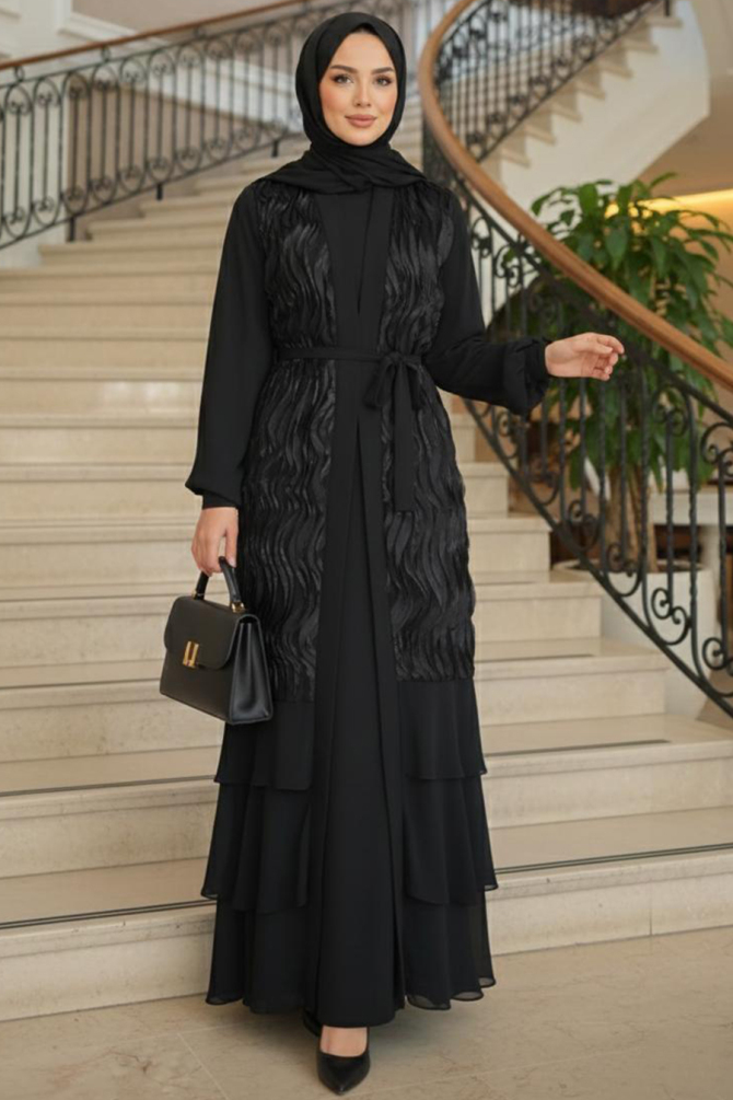 Tesettürlü Abiye Elbise - Fırfır Detaylı Siyah Tesettür Abiye Elbise 48161S - 1