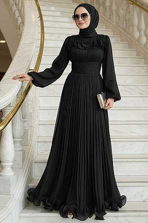 Tesettürlü Abiye Elbise - Fırfır Detaylı Siyah Tesettür Abiye Elbise 48231S 