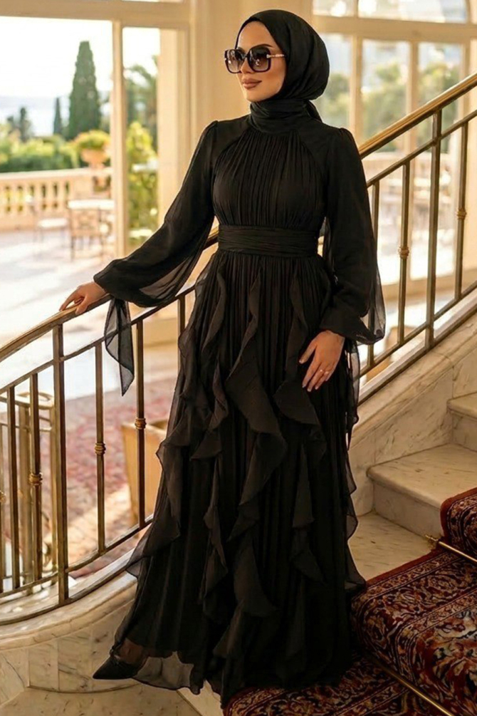 Tesettürlü Abiye Elbise - Fırfır Detaylı Siyah Tesettür Abiye Elbise 48532S - N.S NEVA STYLE